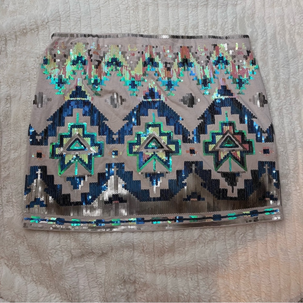 Express Silver Blue Sequin Mini Pencil Skirt